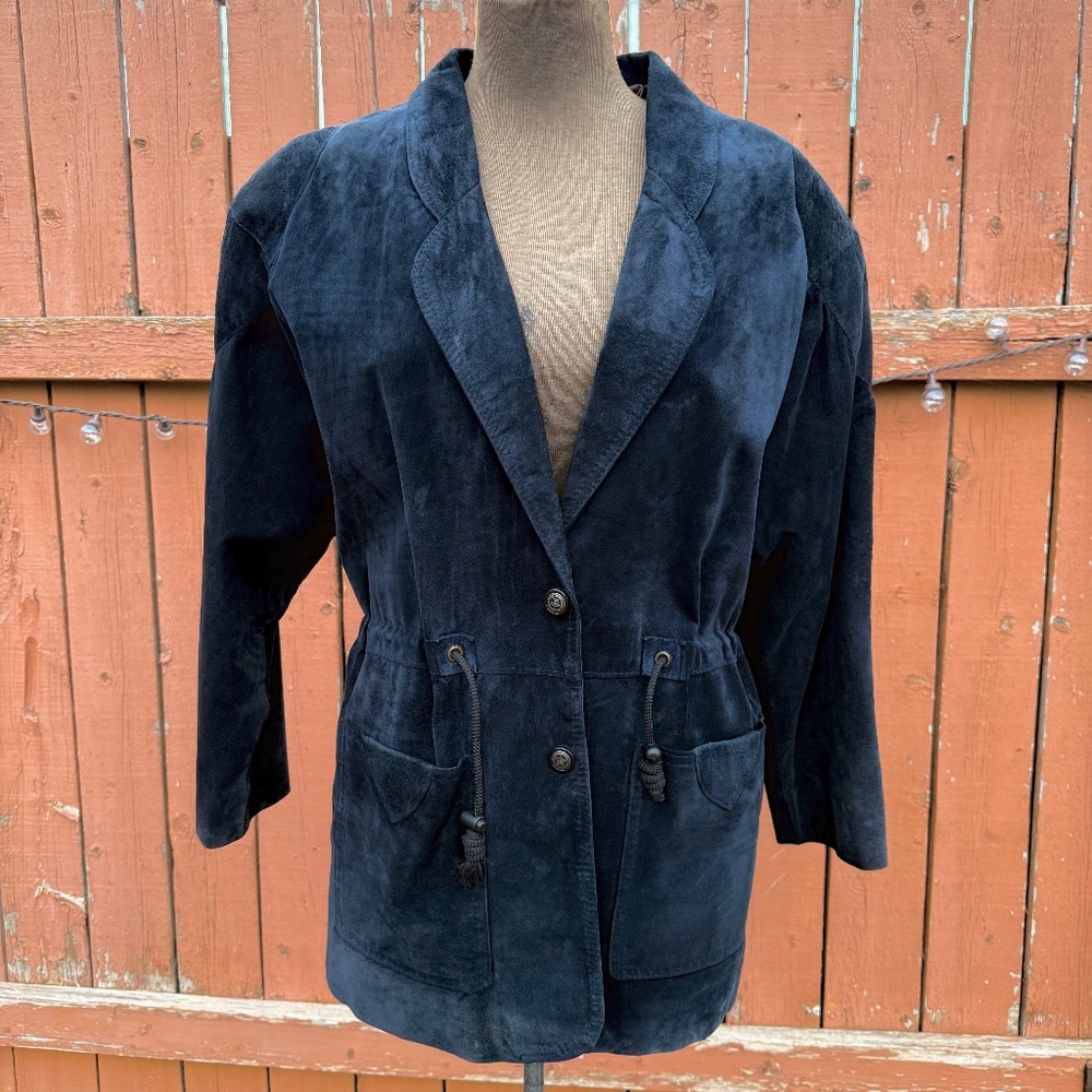 Vintage 80s Deep Navy Blue Suede Parka Jacket